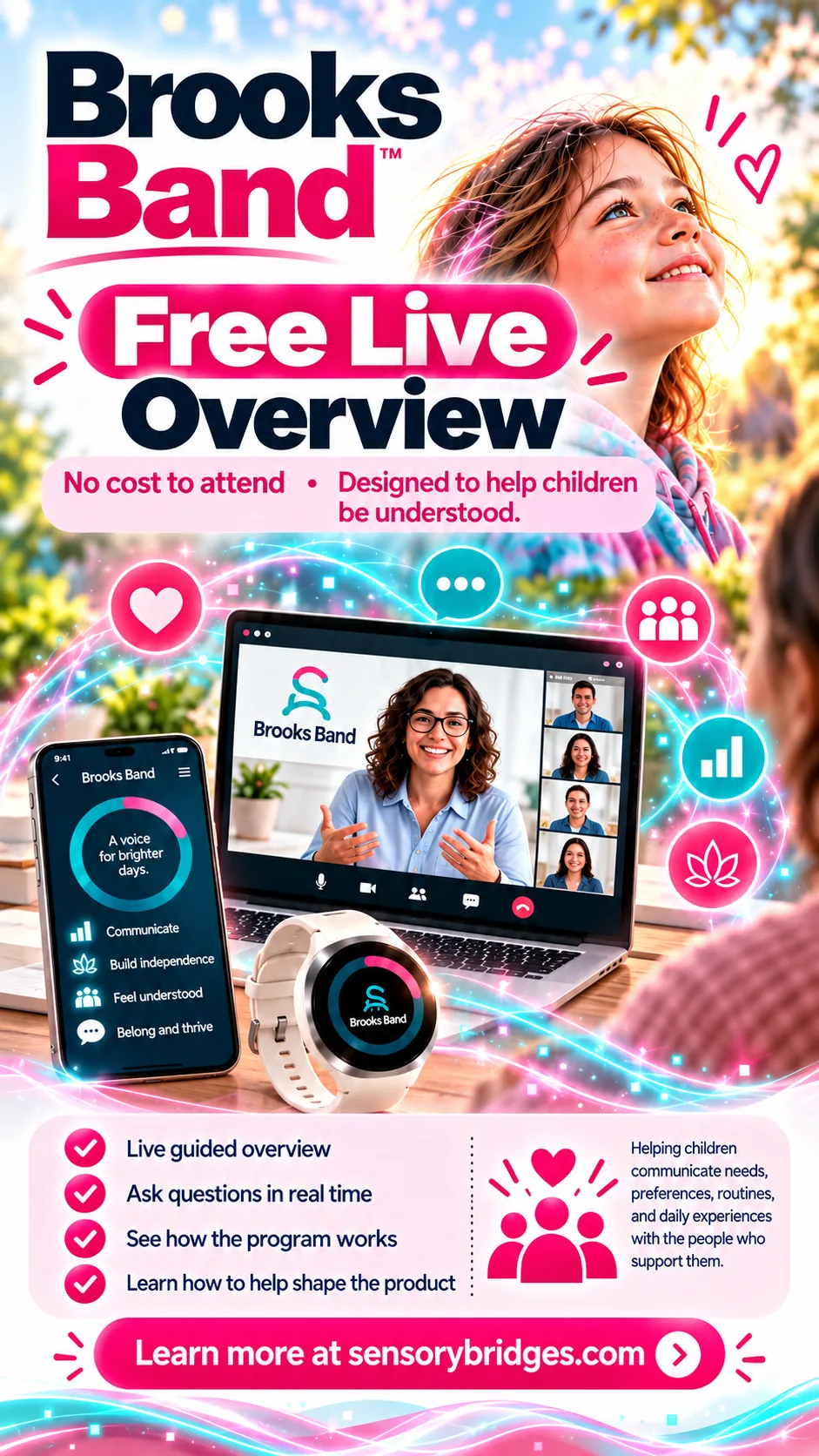 Brooks Band free live overview: no cost to attend. A live guided overview where you can ask questions in real time, see how the program works, and learn how to help shape the product.