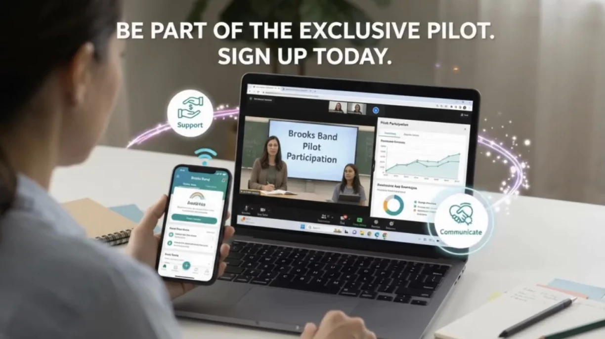 Be part of the exclusive pilot. Sign up today. A person joining a Brooks Band pilot participation video call on a laptop while holding a phone.