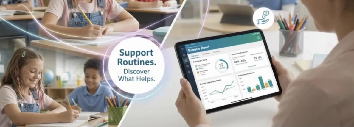Support routines. Discover what helps. Children working in a classroom, and a caregiver viewing a Brooks Band summary on a tablet.